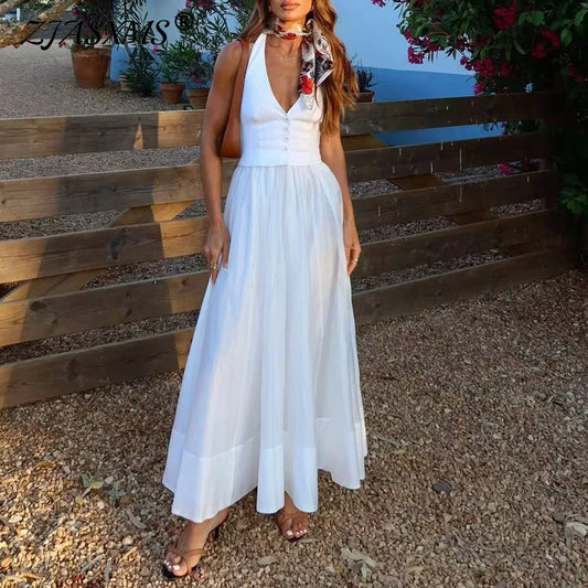 White Sexy Deep V Neck Button Vacation Dress Woman Spring Solid Spliced Pleated Long Dress Summer Backless Sleeveless Vest Dress