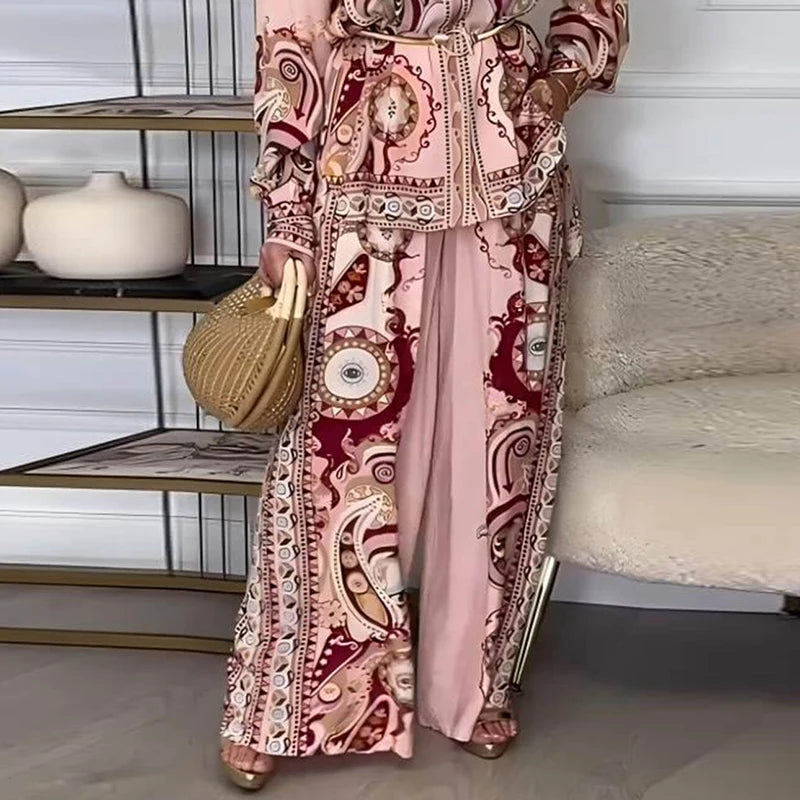 Fashion Graffiti Print Two Piece Outfits Woman Elegant Button Lapel Shirt Top & Wide Leg Pant Sets Spring Long Sleeve Loose Suit