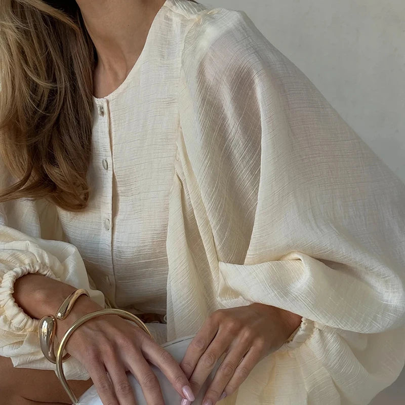 Spring Lantern Long Sleeve Commuting Dress Woman Elegant O Neck Button Mini Short Dresses Summer Solid Ruffled Irregular Dresses