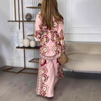 Fashion Graffiti Print Two Piece Outfits Woman Elegant Button Lapel Shirt Top & Wide Leg Pant Sets Spring Long Sleeve Loose Suit