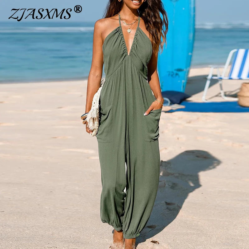 Sexy Deep V-neck Pleated Women Jumpsuit 2025 Spring Fashion Solid Pocket Romper Playsuit Summer Hollow Backless Lace-up Overalls