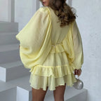 Spring Lantern Long Sleeve Commuting Dress Woman Elegant O Neck Button Mini Short Dresses Summer Solid Ruffled Irregular Dresses