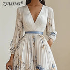 Spring Long-sleeved High Waist Pleated Dress Robes for Woman Sexy V Neck Hollow Long Party Dress Fashion Floral Print Maxi Dress