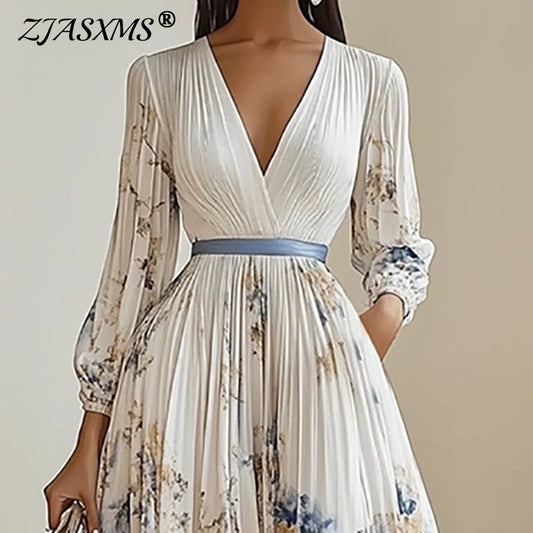 Spring Long-sleeved High Waist Pleated Dress Robes for Woman Sexy V Neck Hollow Long Party Dress Fashion Floral Print Maxi Dress