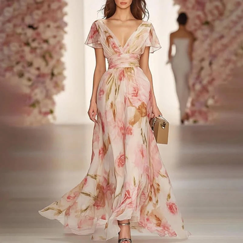 Boho Style Elegant Floral Print Long Dress Woman Spring V Neck High Waist Party Dress Summer Short Sleeve Zip Maxi Dress Vestido
