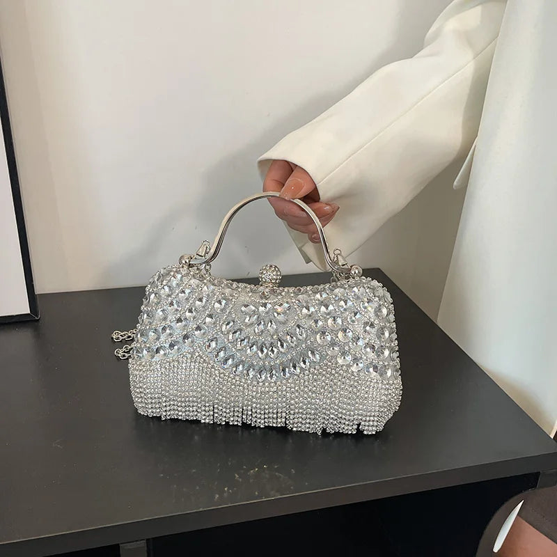 MOODS Rhinestone Tassel Evening Banquet Bag Glitter Ladies Clutch Purse With Chain Wedding Dinner Party Luxury Designer Handbags