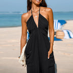 Sexy Deep V-neck Pleated Women Jumpsuit 2025 Spring Fashion Solid Pocket Romper Playsuit Summer Hollow Backless Lace-up Overalls